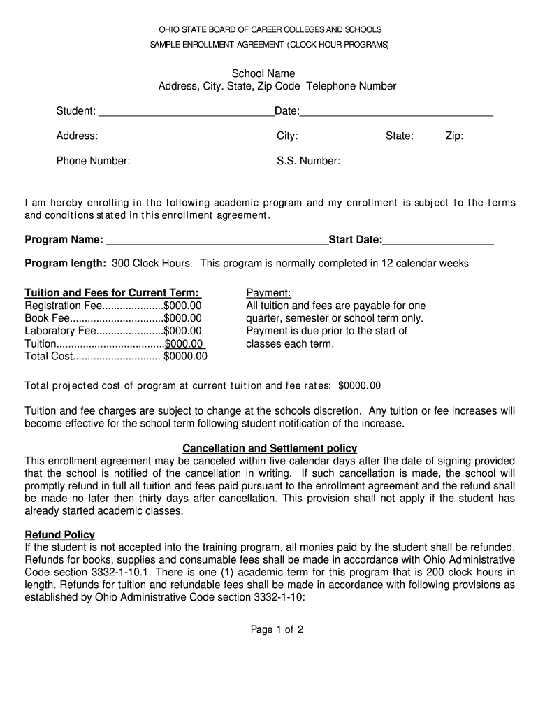 Sample Enrollment Agreement Ohio State Board of Career  Form