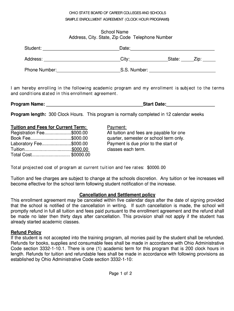 Sample Enrollment Agreement Ohio State Board of Career Form