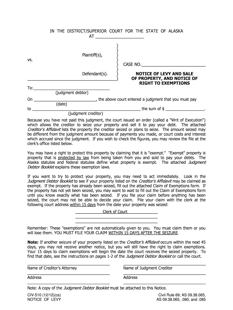 CIV 510 Notice of Levy and Sale of Property Notice of Right to Exemptions 1212 PDF Fill in Civil Forms