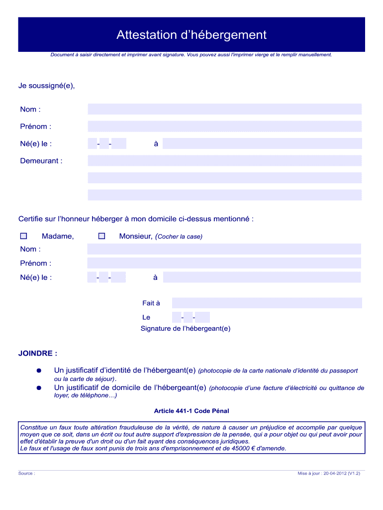 Fr Attestation Hebergement Fill Out And Sign Printable Pdf Template