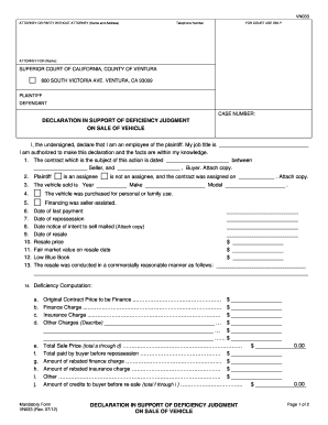 DECLARATION in SUPPORT of DEFICIENCY JUDGMENT on Ventura Courts Ca  Form