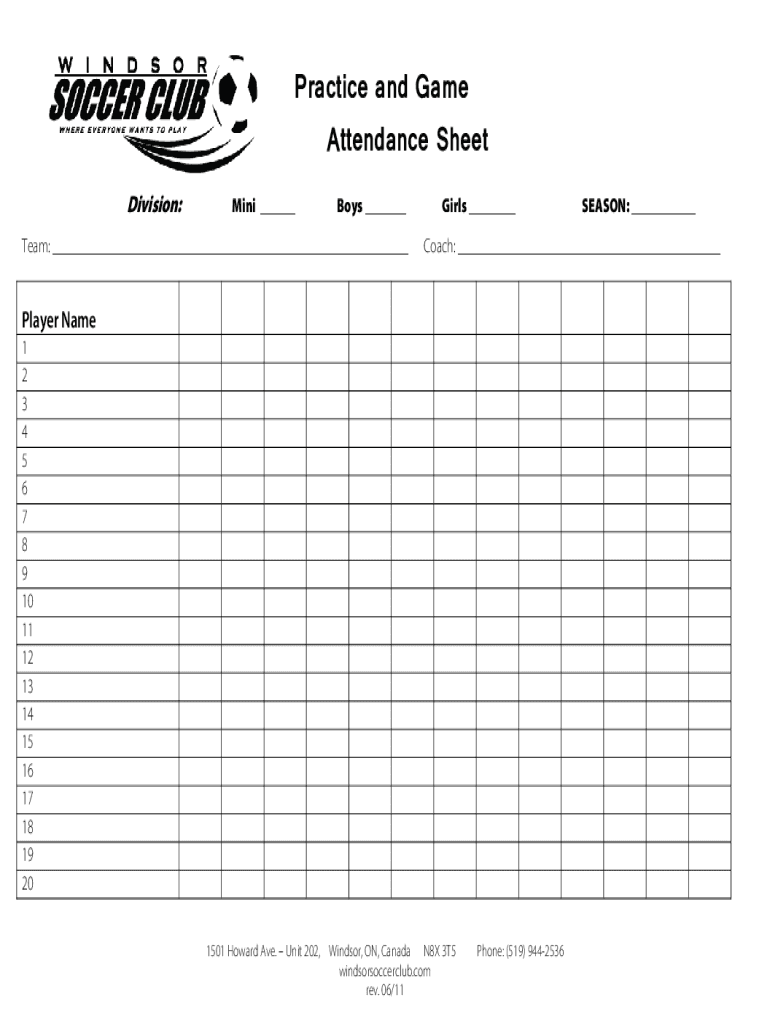 Practice and Game Attendance Sheet Windsor Soccer  Form