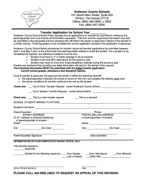 Out of Zone Transfer Application Anderson County Schools  Form