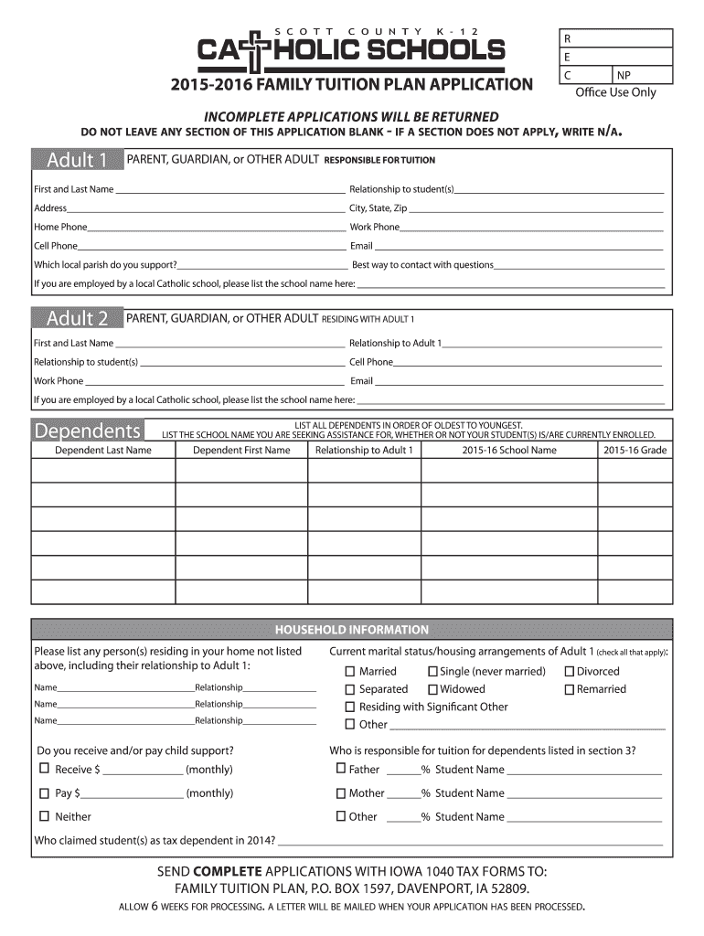 Family Tuition Plan Application  Saints Catholic School  Ascsdav  Form