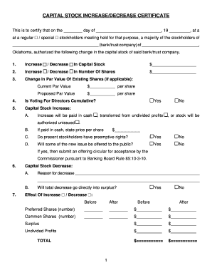 CAPITAL STOCK INCREASEDECREASE CERTIFICATE Oklahoma Ok  Form