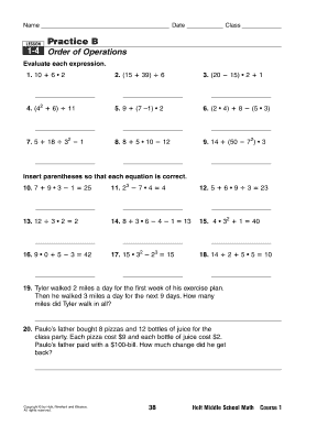 Order of Operations Fill in the Blank  Form