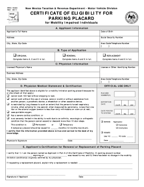  Certificate of Eligibility for Parking Placard State of New Mexico 2011