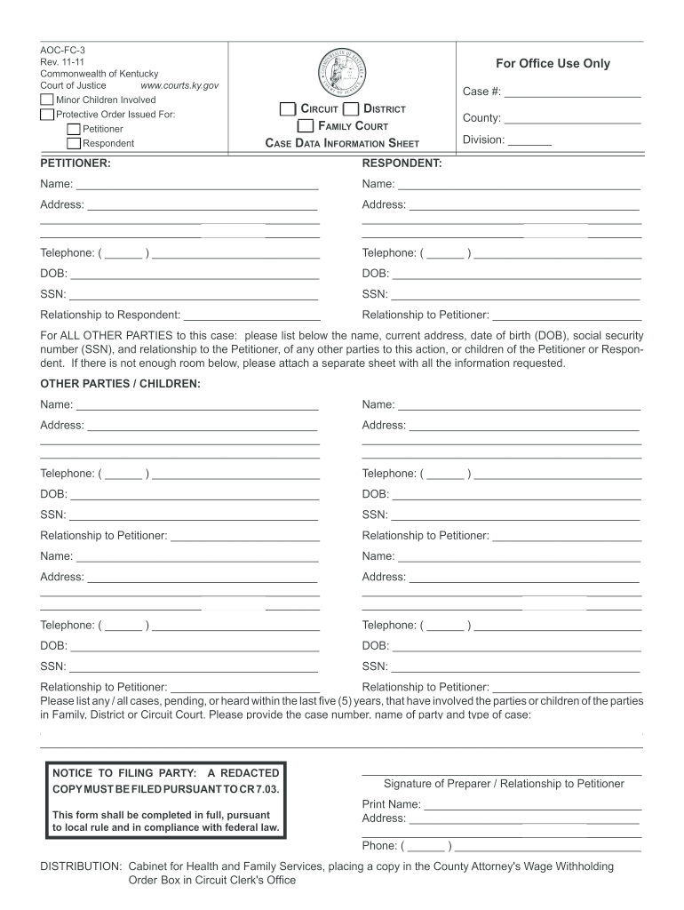  Case Data Sheet Ky 2011