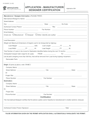 Application Manufacturer Designer Certification  Form