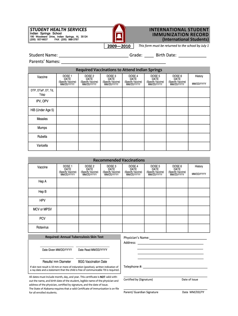  International Student Immunization Record  Indian Springs School  Indiansprings 2009-2024