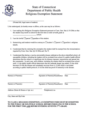 Religious Exemption Form Ct