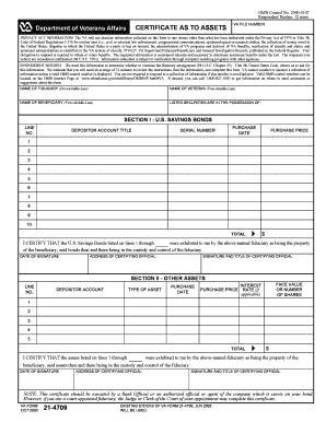  Certificate as to Assets 21 4709 Veterans Benefits Administration Vba Va 2005