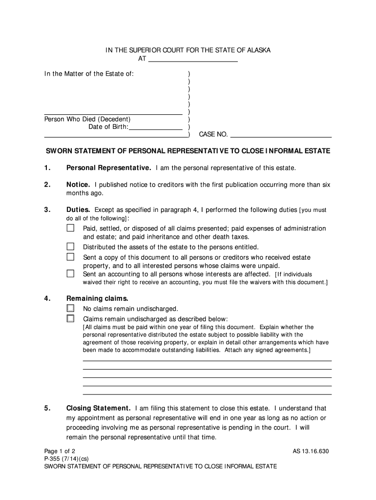 P 355 Sworn Statement of Personal Representative to Close Informal Estate 7 14 Probate Form