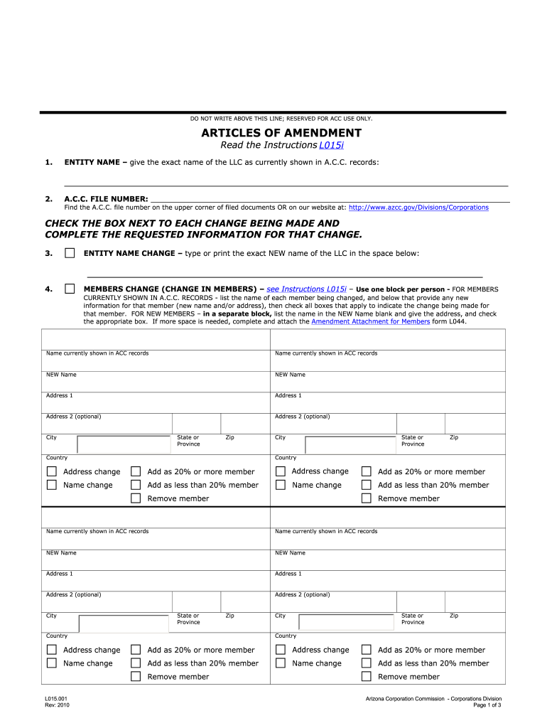 Get and Sign Articles of Amendment  Arizona Corporation Commission  Azcc 2010-2022 Form