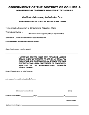 Certificate of Occupancy Authorization Form Dcra Dc