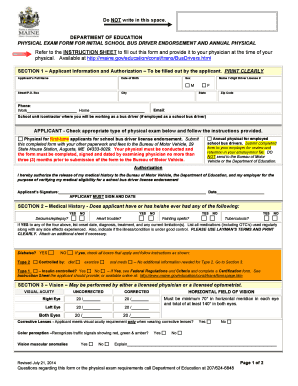 PHYSICAL EXAM FORM for INITIAL SCHOOL BUS DRIVER ENDORSEMENT and ANNUAL PHYSICAL Maine