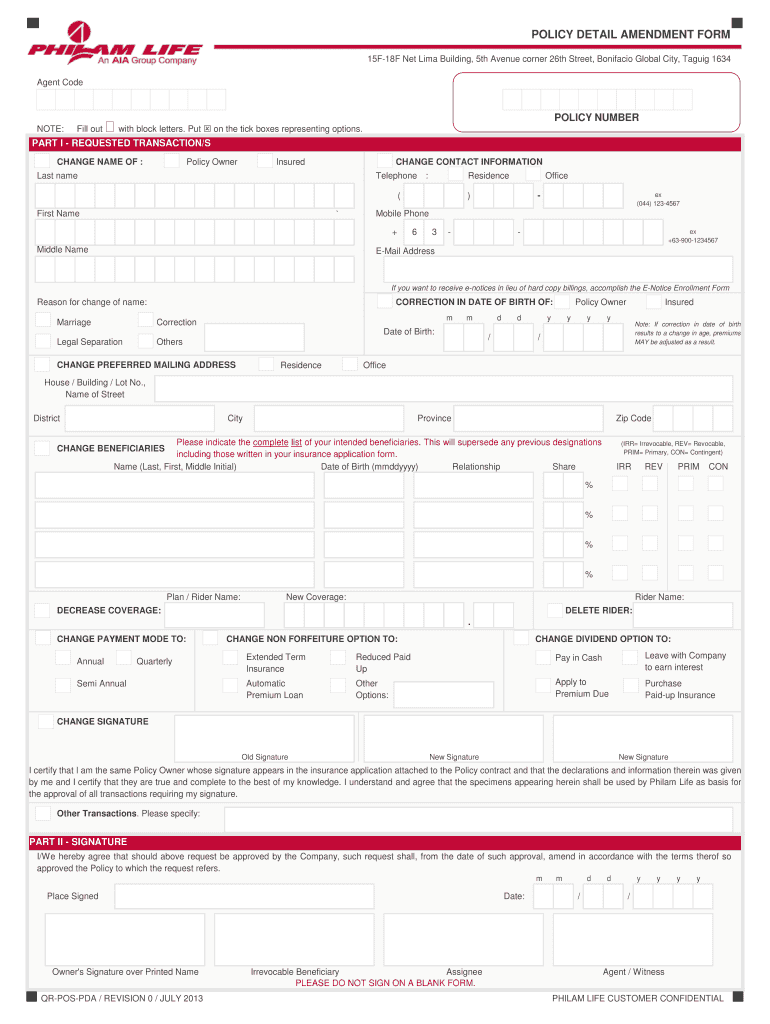  Philam Policy Detail Amendment Form 2013-2024