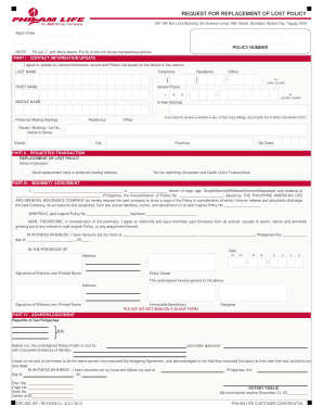 REQUEST for REPLACEMENT of LOST POLICY Philam Life  Form