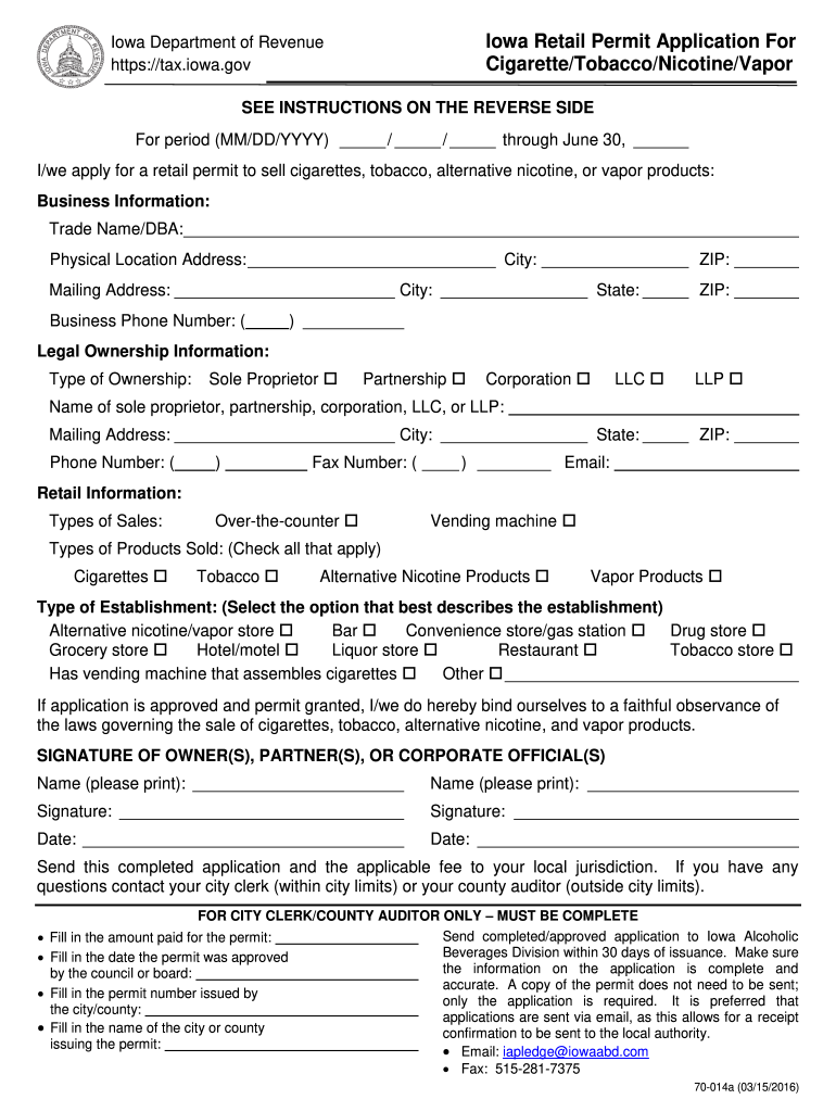  Iowa Retail Permit Application for CigaretteTobaccoNicotineVapor 2016