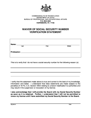 WAIVER of SOCIAL SECURITY NUMBER VERIFICATION  Form