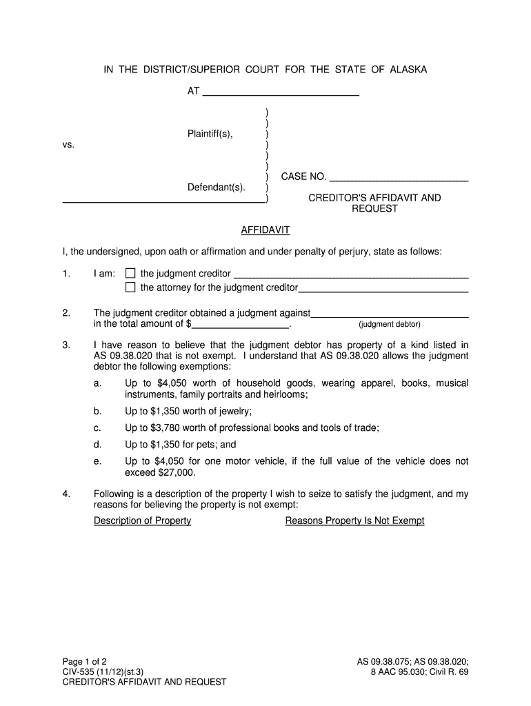 CIV 535 Creditors Affidavit and Request 1112 Civil Forms