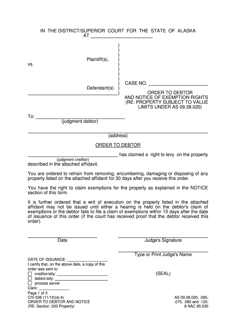 CIV 536 Order to Debtor and Notice of Exemption Rights 1112 PDF Fill in Civil Forms
