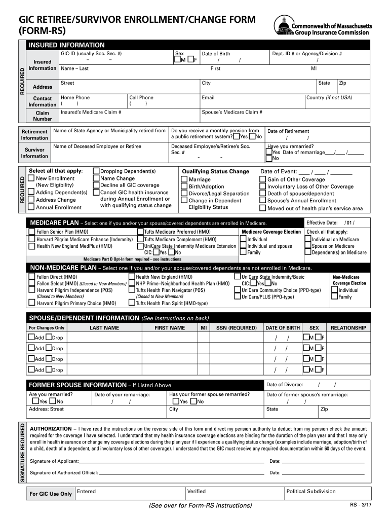 Gic Retireesurvivor Enrollmentchange Form Form Rs  Mass