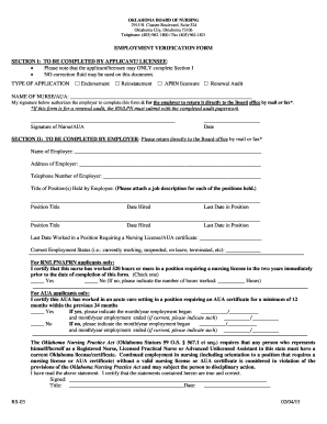 Oklahoma Board of Nursing Employment Verification Form