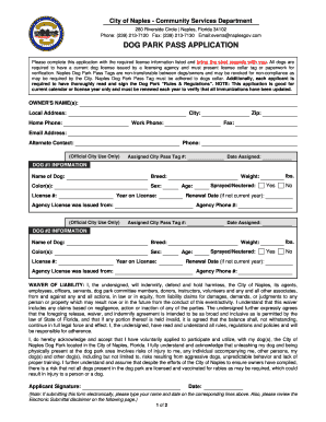 DOG PARK PASS APPLICATION Naples, FL Official  Form