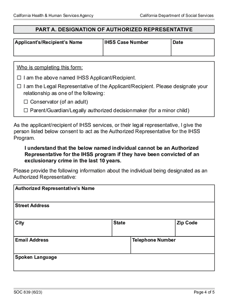 SOC 839 623 IHSS Designation of Authorized Representative  Form