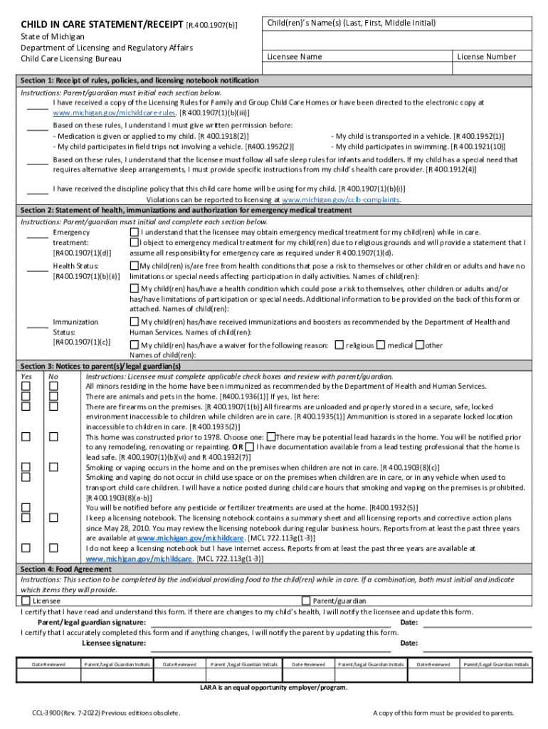 Child in Care StatementReceipt CCL 3900 Word  Form