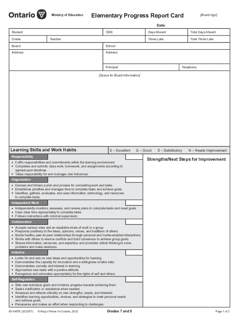  Elementary Progress Report Card, Grades 7 and 8 Public an Illustration of the Template that Schools Are Required to Complete, Wh 2023-2024