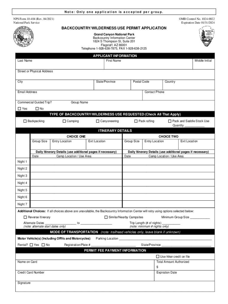 Backcountry Permit Application  Form
