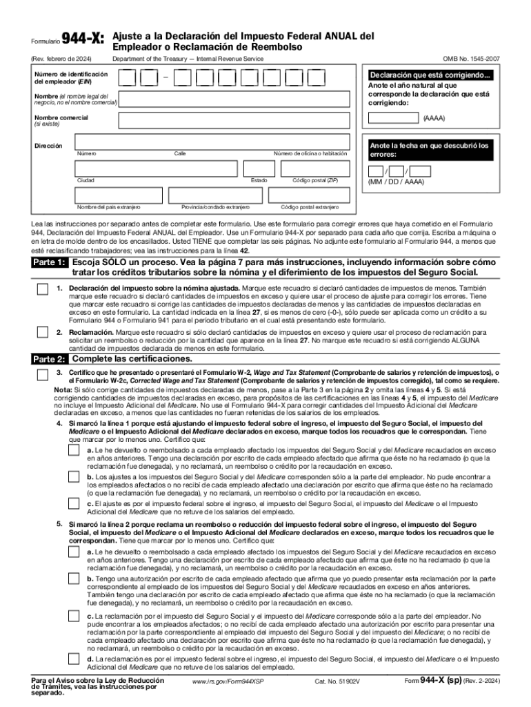  Form 944 X Sp Rev February Adjusted Employers ANNUAL Federal Tax Return or Claim for Refund Spanish Version 2024