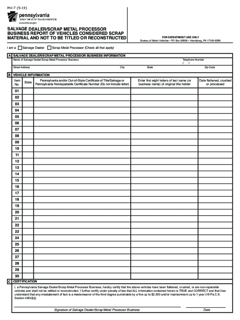  PA DMV Form MV 7 Salvage Dealer Scrap Processor 2019-2024