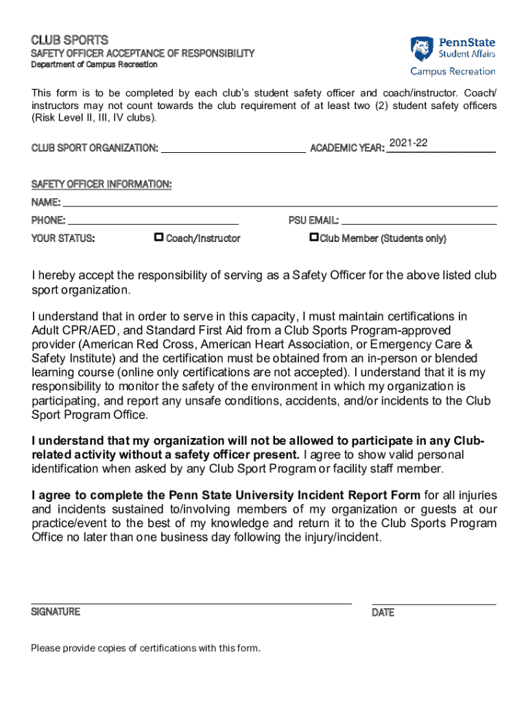 Sport Club Safety Officer &amp;amp; Trip Leader Manual  Form