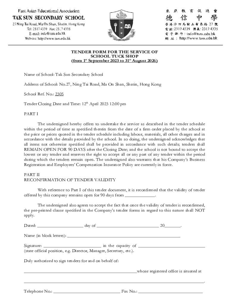  TENDER FORM for the SERVICE of Name of School 2023-2024