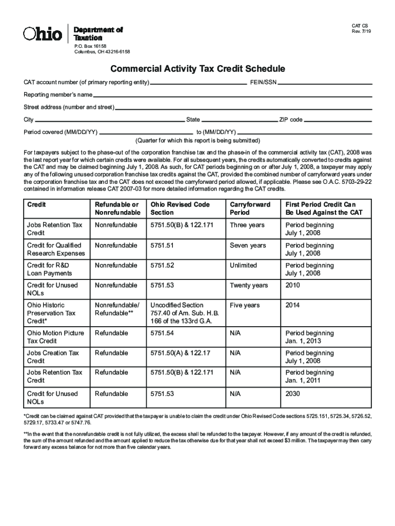  Changes to the Ohio Commercial Activity Tax CAT 2019-2024