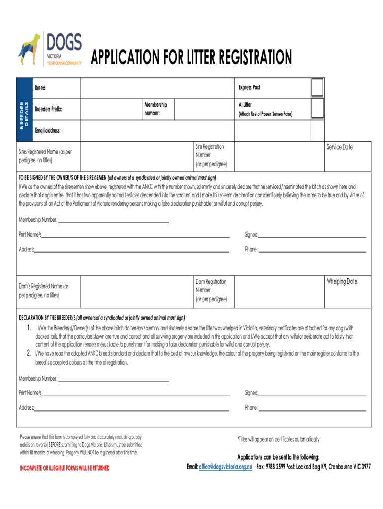  APPLICATION for LITTER REGISTRATION Express Post 2023-2024