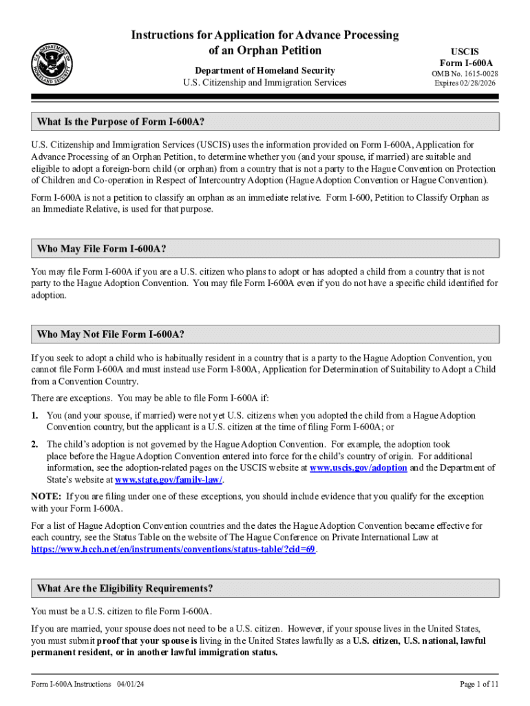 Form I 600A, Instructions for Application for Advance Processing of an Orphan Petition