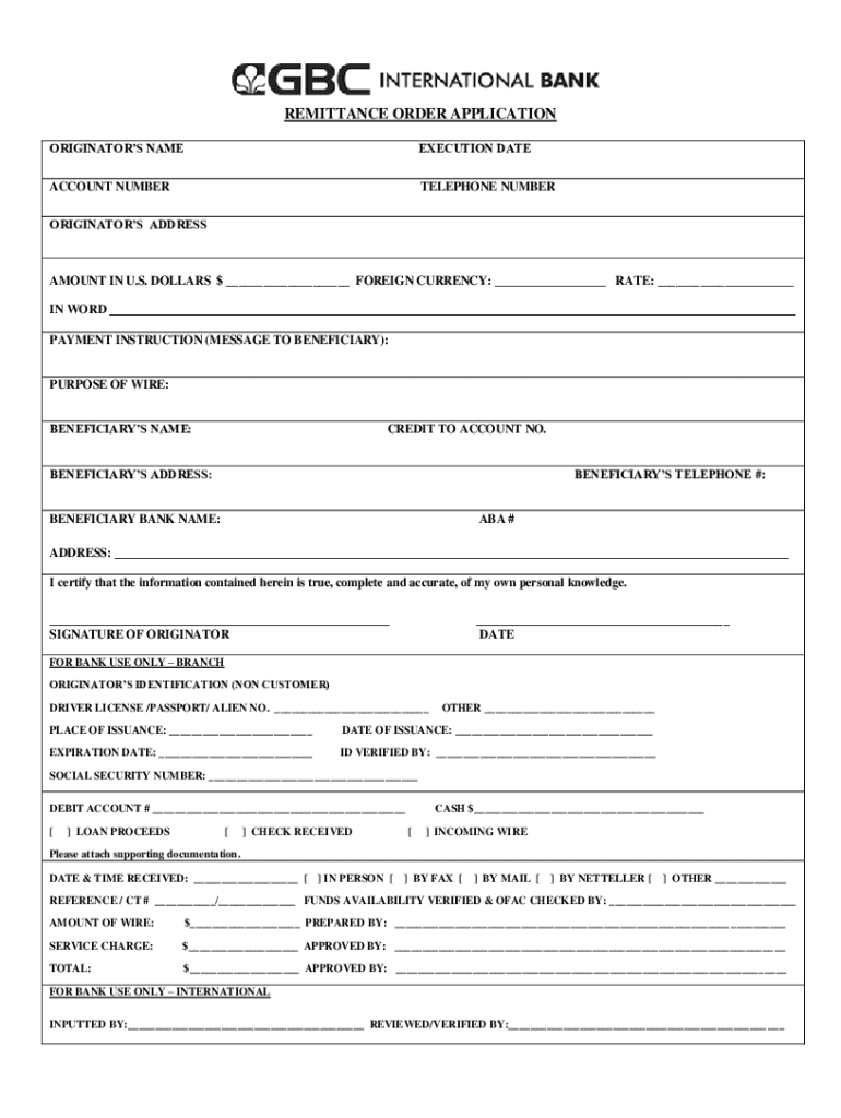 REMITTANCE ORDER APPLICATION Form