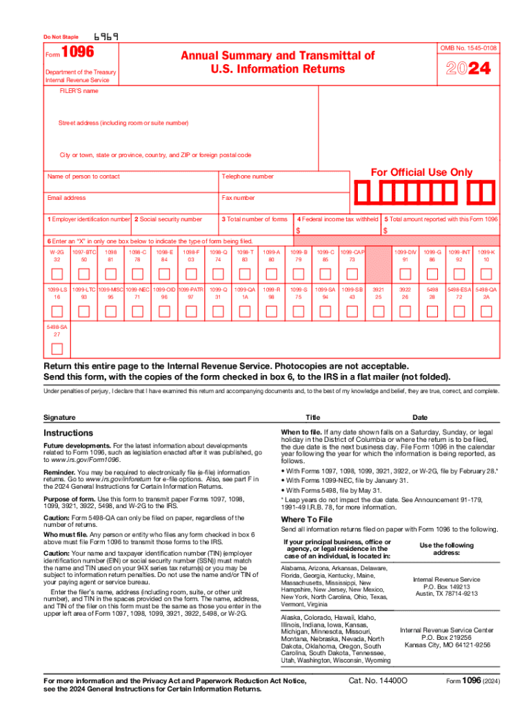  Form 1096 Annual Summary and Transmittal of U S Information Returns 2024