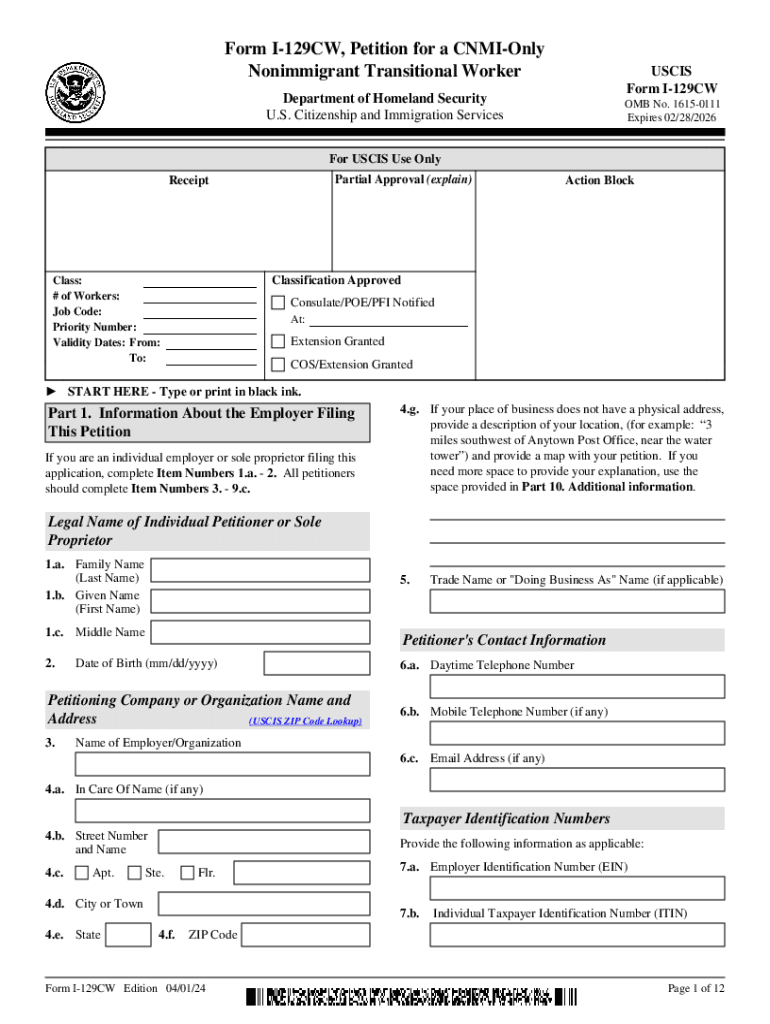  Form I 129CW, Petition for a CNMI OnlyNonimmigrant Transitional Worker 2009