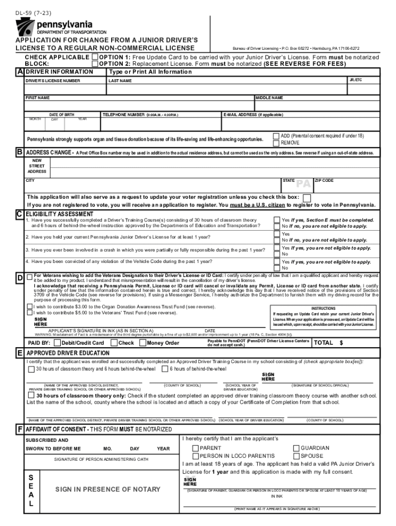  Application for Change from a Junior Driver&#039;s License to 2023-2024