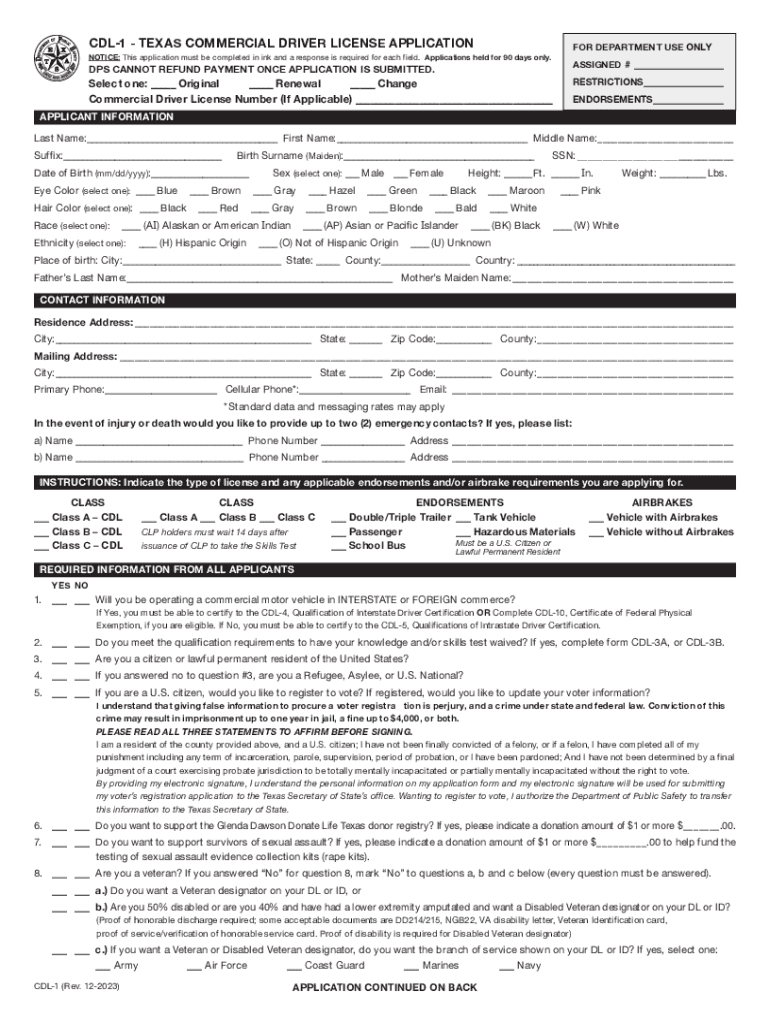  CDL 1 Texas Commercial Driver License Application Texas Commercial Driver License Application 2023-2024