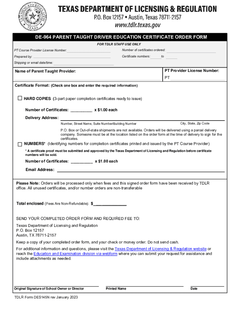  DE 964 Parent Taught Driver Education Certificate Order Form 2023-2024