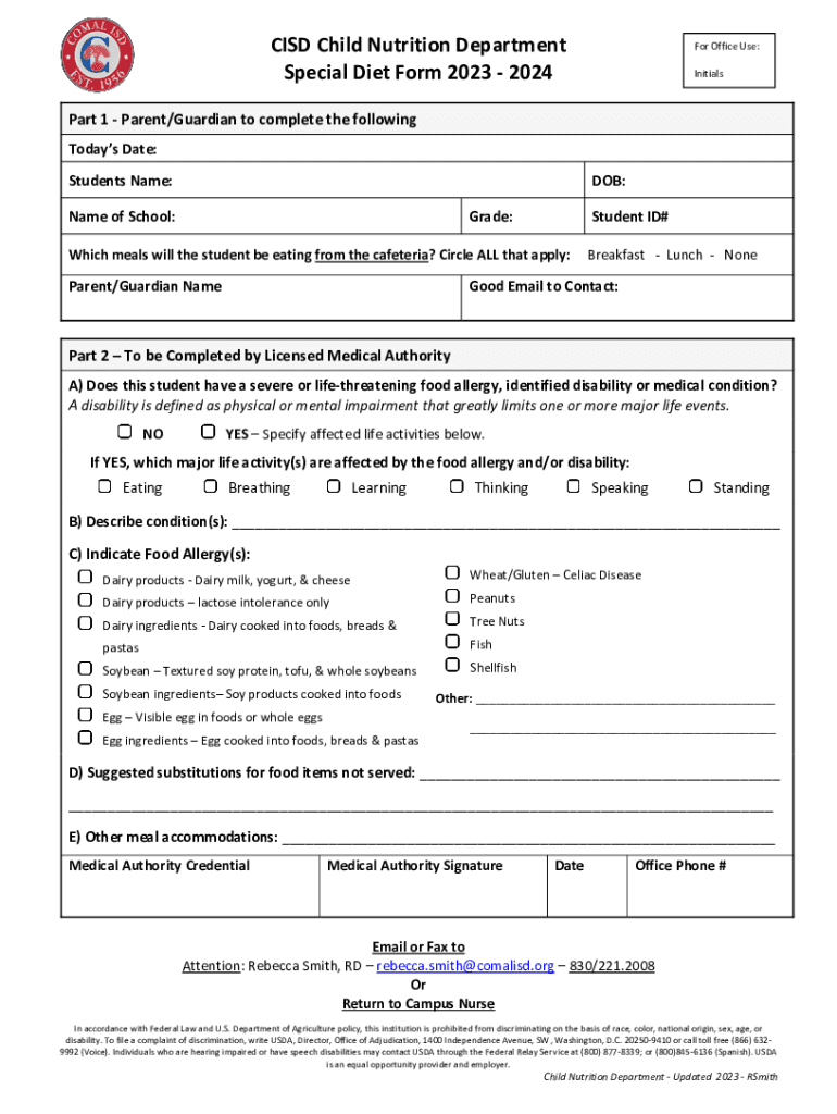  SAISD Child Nutrition Special Diet Request Form 2023-2024