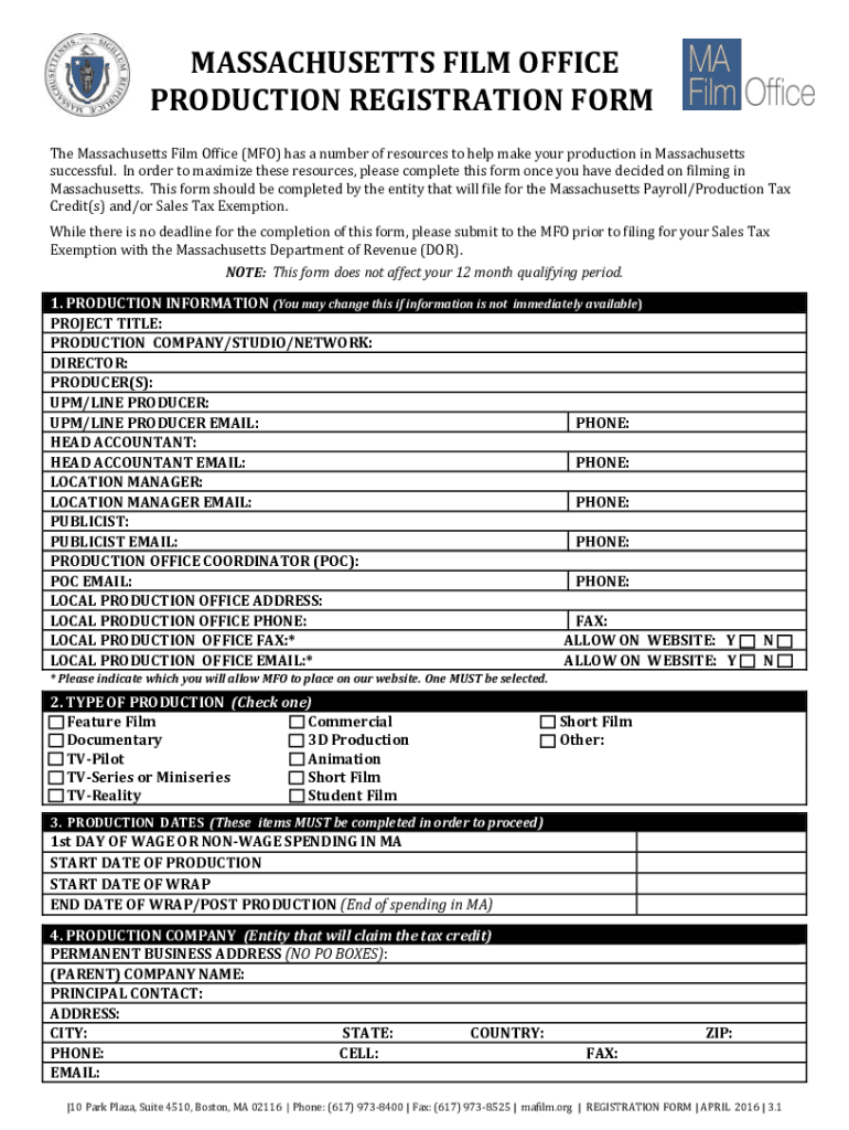  Film Production Registration Form Fill Online, Printable 2016