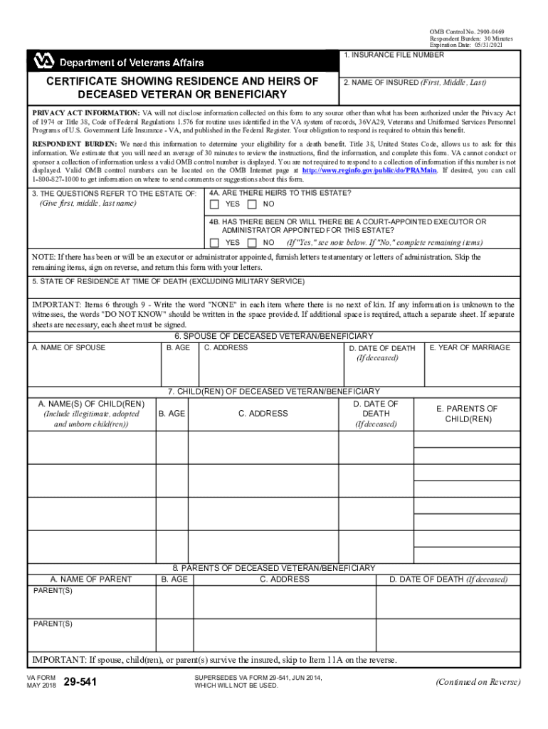  Form 29 541 Certificate Showing Residence and Heirs of 2022