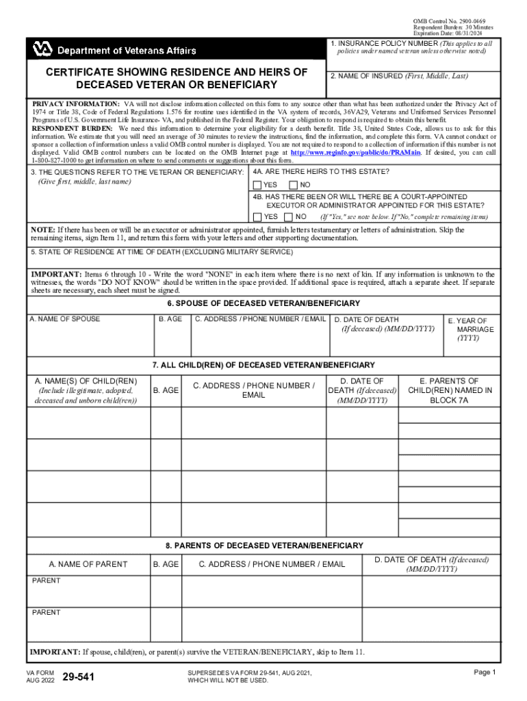  29 541 Certificate Showing Residence and Heirs of 2022-2024